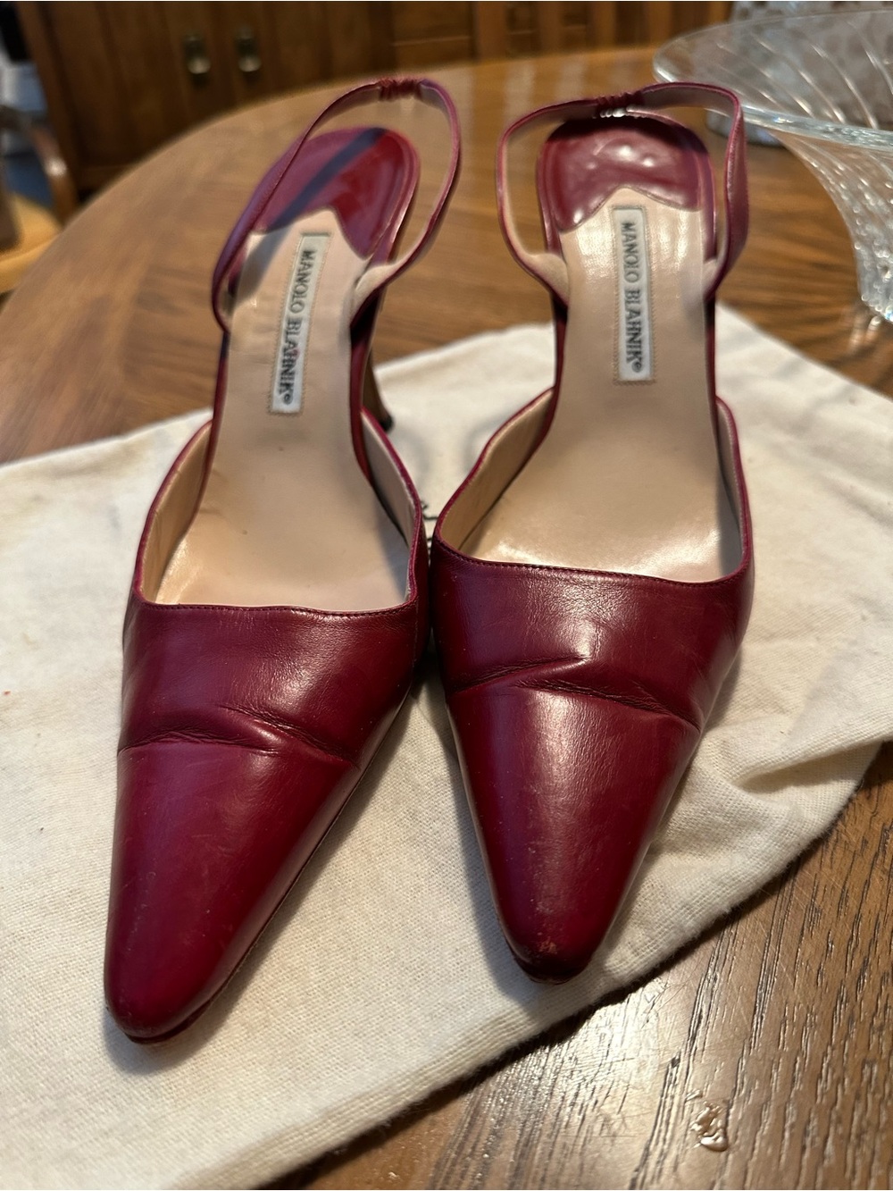 Manolo Blahnik Burgundy Leather Pointed Slingback Heels